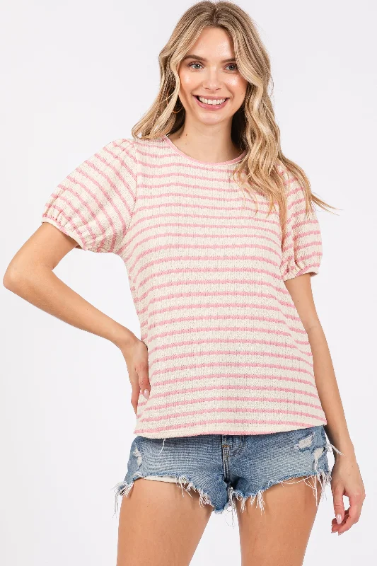 Sale Alert Light Pink Striped Textured Puff Sleeve Top