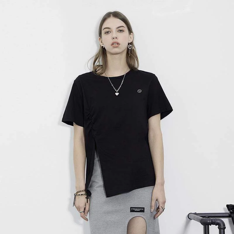 Special Offer Women's Punk Side Slit Smile Face Black Tee