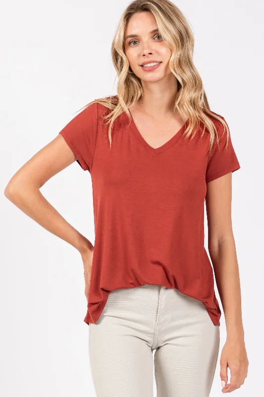 Discount Mania Rust Basic V-Neck Short Sleeve Top