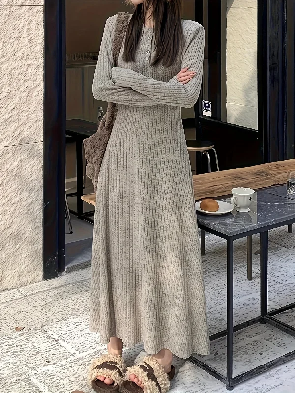 Weekend Offers That Delight Sixsr Button Front Crew Neck Dress, Versatile Long Sleeve Solid Dress For Spring & Fall, Women's Clothing Weekend Offers That Delight Sixsr Button Front Crew Neck Dress, Versatile Long Sleeve Solid Dress For Spring & Fall, Women's Clothing