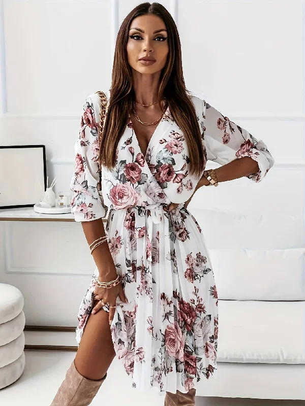 Weekend Offers That Shine Floral Print Split Hem A-line Dress, Vintage V Neck Long Sleeve Dress, Women's Clothing Weekend Offers That Shine Floral Print Split Hem A-line Dress, Vintage V Neck Long Sleeve Dress, Women's Clothing