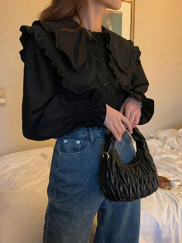 Weekend Offers That Shine Sixsr Solid Lapel Collar Lettuce Trim Blouse, Long Sleeve Button Up Casual Blouse, Women's Clothing Weekend Offers That Shine Sixsr Solid Lapel Collar Lettuce Trim Blouse, Long Sleeve Button Up Casual Blouse, Women's Clothing
