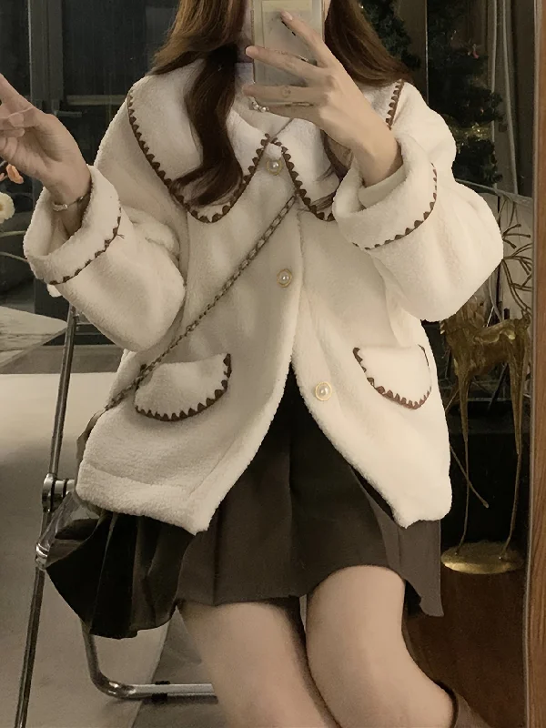 Extra Savings Sixsr Contrast Trim Button Front Plush Coat, Casual Long Sleeve Dual Pockets Lapel Coat For Fall & Winter, Women's Clothing Extra Savings Sixsr Contrast Trim Button Front Plush Coat, Casual Long Sleeve Dual Pockets Lapel Coat For Fall & Winter, Women's Clothing