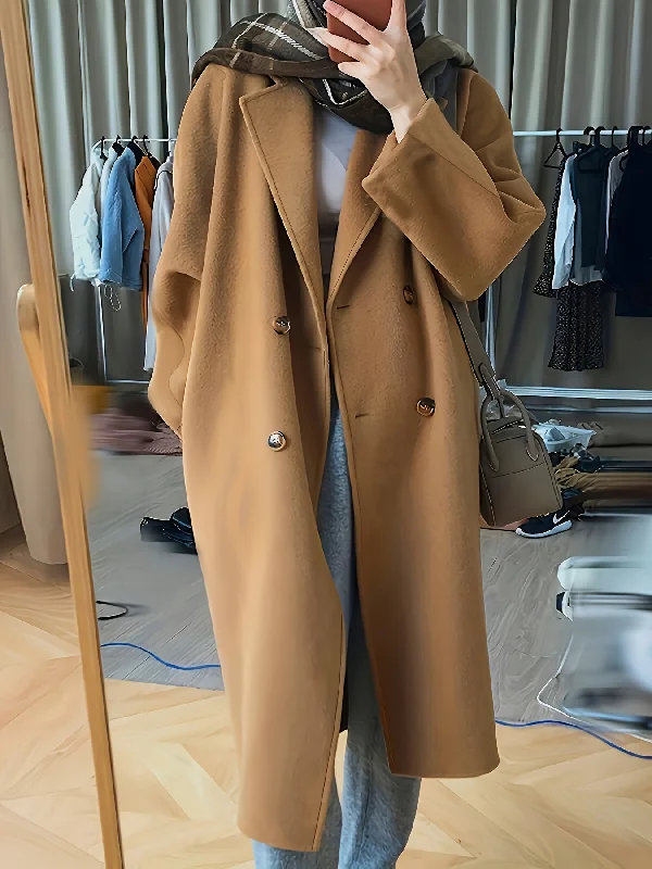 While Supplies Last Sixsr Solid Color Double Breasted Lapel Neck Coat, Elegant Loose Long Sleeve Coat For Fall, Women's Clothing While Supplies Last Sixsr Solid Color Double Breasted Lapel Neck Coat, Elegant Loose Long Sleeve Coat For Fall, Women's Clothing