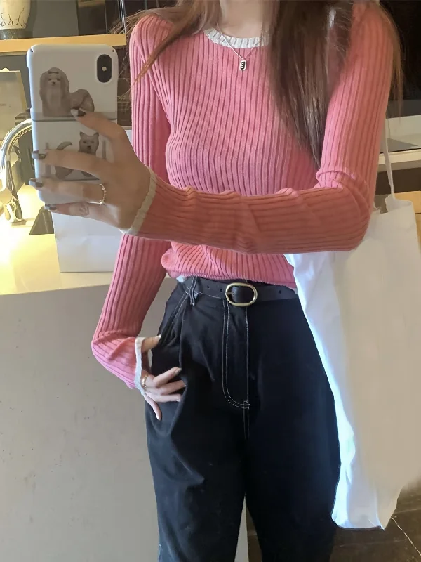 Early Access Sixsr Contrast Trim Crew Neck Knitted Top, Casual Long Sleeve Inner Wear Slim Pullover Sweater, Women's Clothing Early Access Sixsr Contrast Trim Crew Neck Knitted Top, Casual Long Sleeve Inner Wear Slim Pullover Sweater, Women's Clothing