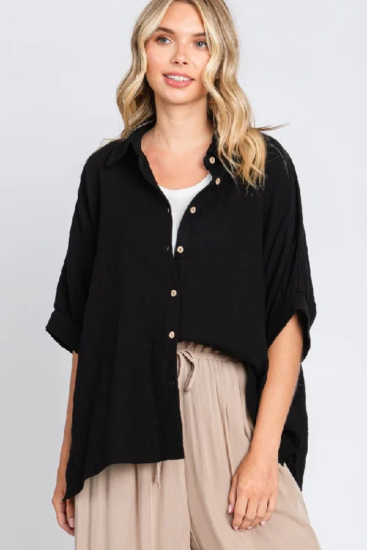 Weekend Deals to Make You Smile Black Gauze Double Layered Button Up Top