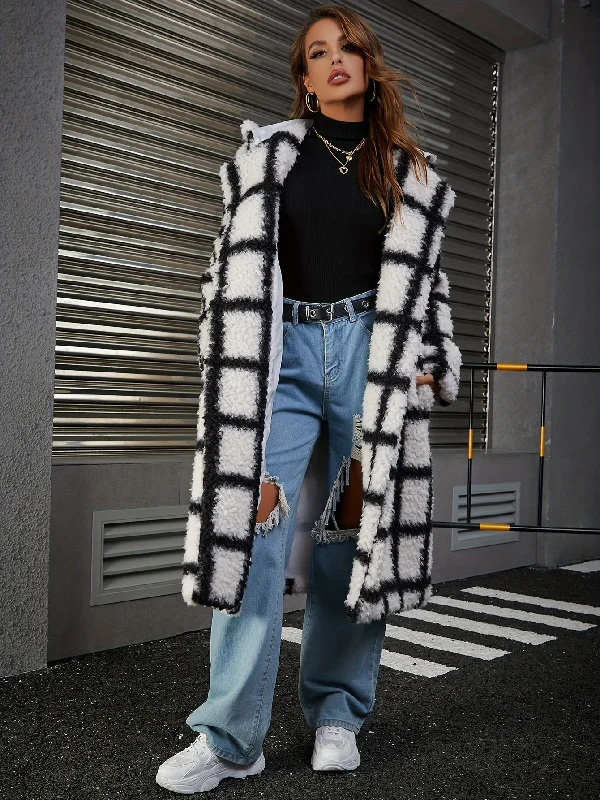 Weekend Bargains to Snag Sixsr Plaid Print Double-breasted Plush Coat, Casual Thermal Long Sleeve Lapel Midi Length Coat For Fall & Winter, Women's Clothing Weekend Bargains to Snag Sixsr Plaid Print Double-breasted Plush Coat, Casual Thermal Long Sleeve Lapel Midi Length Coat For Fall & Winter, Women's Clothing