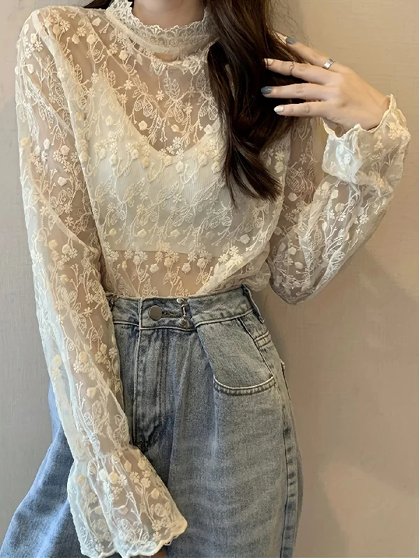 Weekend Discounts to Grab Sixsr Guipure Lace Overlay Flare Sleeve Blouse, Casual Mock Neck Long Sleeve Blouse, Women's Clothing Weekend Discounts to Grab Sixsr Guipure Lace Overlay Flare Sleeve Blouse, Casual Mock Neck Long Sleeve Blouse, Women's Clothing