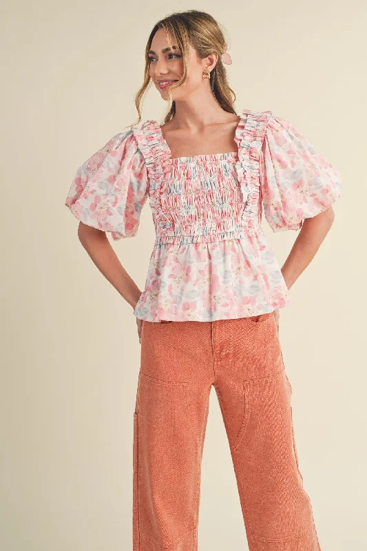 Weekend Offers That Delight Pink Multi Floral Ruffle Trim Smocked Puff Sleeve Top