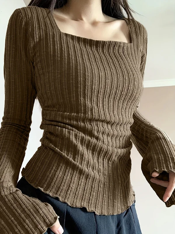 Weekend Bargains to Snag Sixsr Solid Square Neck T-shirt, Y2K Long Sleeve Lettuce Trim Top For Spring & Fall, Women's Clothing Weekend Bargains to Snag Sixsr Solid Square Neck T-shirt, Y2K Long Sleeve Lettuce Trim Top For Spring & Fall, Women's Clothing
