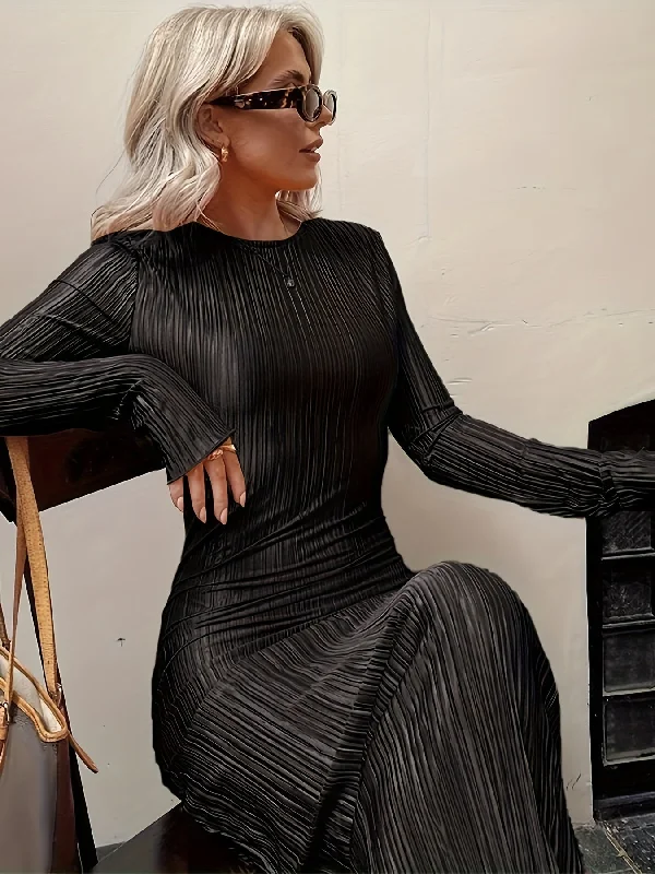Take Advantage Sixsr Solid Crew Neck Slim Dress, Elegant Long Sleeve Dress For Spring & Fall, Women's Clothing Take Advantage Sixsr Solid Crew Neck Slim Dress, Elegant Long Sleeve Dress For Spring & Fall, Women's Clothing