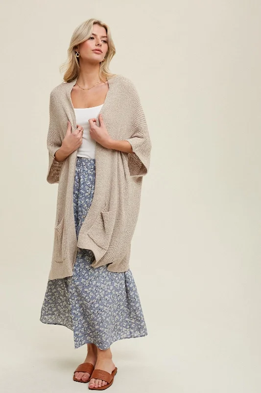 Take Advantage Cream Drop Shoulder Side Pocket 3/4 Sleeve Cardigan