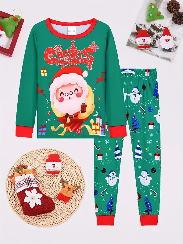 The Best Prices Children's Christmas Pajama Sets with Santa Digital Print, Knitted Fabric, Polyester 95%, Spandex 5%, Crew Neck, Slight Stretch, Fall/Winter, Flame Retardant, Comfortable Long Sleeve and Pants Sleepwear for Boys & Girls