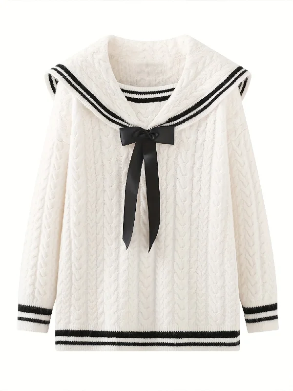 Weekend Extravaganza: Shop Now Sixsr Bow Tie Knit Sweater, Casual Sailor Collar Long Sleeve Sweater For Fall & Winter, Women's Clothing Weekend Extravaganza: Shop Now Sixsr Bow Tie Knit Sweater, Casual Sailor Collar Long Sleeve Sweater For Fall & Winter, Women's Clothing