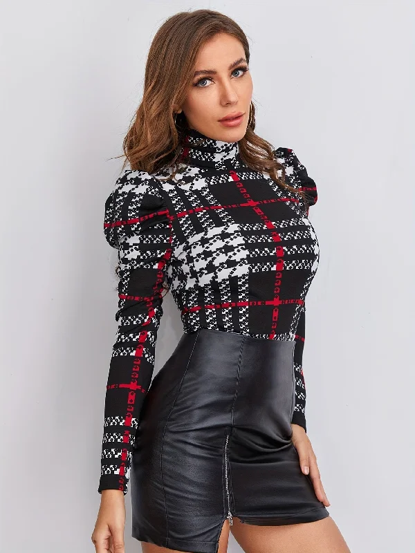 Unbeatable Prices Sixsr Plaid Print Turtleneck Top, Versatile Puff Sleeve Slim Top For Spring & Fall, Women's Clothing Unbeatable Prices Sixsr Plaid Print Turtleneck Top, Versatile Puff Sleeve Slim Top For Spring & Fall, Women's Clothing