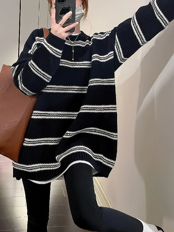 Weekend Savings Delight Sixsr Striped Crew Neck Pullover Sweater, Vintage Long Sleeve Oversized Slouchy Sweater, Women's Clothing Weekend Savings Delight Sixsr Striped Crew Neck Pullover Sweater, Vintage Long Sleeve Oversized Slouchy Sweater, Women's Clothing