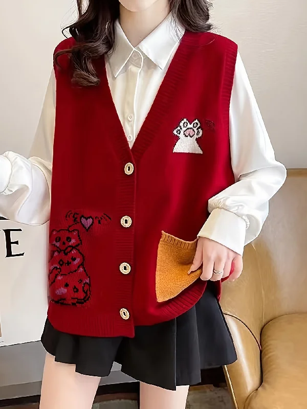 Hurry Up Sixsr Cartoon Pattern Button Front Sweater Veat, Elegant Sleeveless Vest, Women's Clothing Hurry Up Sixsr Cartoon Pattern Button Front Sweater Veat, Elegant Sleeveless Vest, Women's Clothing