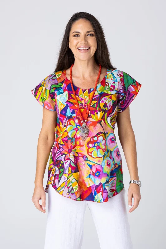Super Deal Calypso Print Short Sleeve 100% Linen Top
