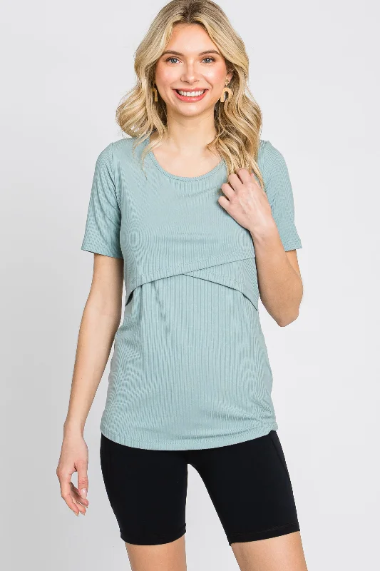 Exclusive Deal Mint Green Ribbed Wrap Front Nursing Top