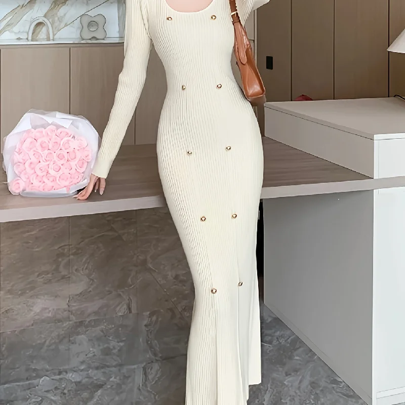 Weekend Offers That Shine Sixsr Ribbed Slim Solid Dress, Elegant Long Sleeve Dress For Spring & Fall, Women's Clothing Weekend Offers That Shine Sixsr Ribbed Slim Solid Dress, Elegant Long Sleeve Dress For Spring & Fall, Women's Clothing