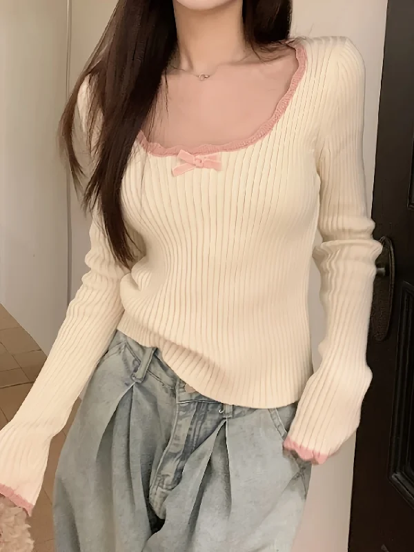Weekend Offers That Dazzle Sixsr Contrast Trim Scoop Neck Pullover Top, Casual Long Sleeve Slim Knit Sweater, Women's Clothing Weekend Offers That Dazzle Sixsr Contrast Trim Scoop Neck Pullover Top, Casual Long Sleeve Slim Knit Sweater, Women's Clothing