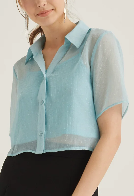 Extra Discount Sheer Cropped Button Up Top