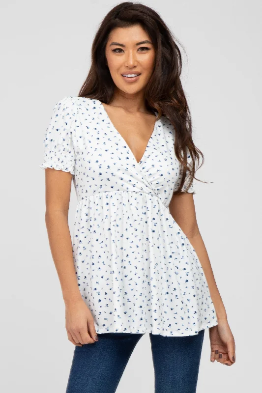 Massive Deal Ivory Ditsy Floral Smocked Sleeve Wrap Top
