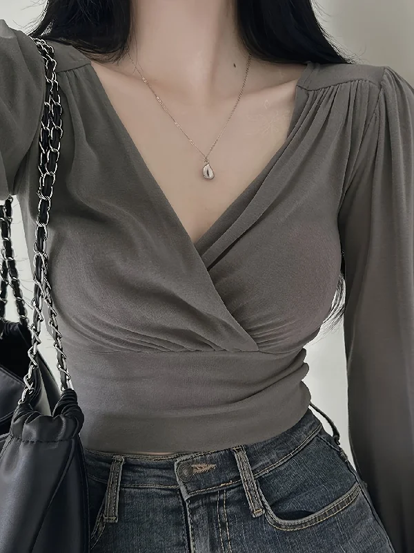 Today's Deal Sixsr Solid Surplice Neck T-Shirt, Casual Long Sleeve Crop Top For Spring & Fall, Women's Clothing Today's Deal Sixsr Solid Surplice Neck T-Shirt, Casual Long Sleeve Crop Top For Spring & Fall, Women's Clothing