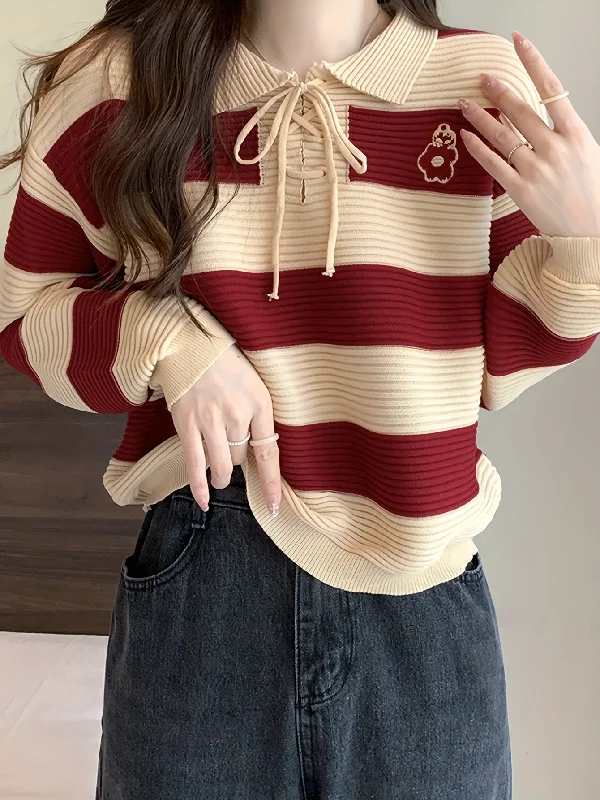 Shop and Save Sixsr Striped Tie Neck Pullover Sweater, Casual Long Sleeve Drop Shoulder Sweater, Women's Clothing Shop and Save Sixsr Striped Tie Neck Pullover Sweater, Casual Long Sleeve Drop Shoulder Sweater, Women's Clothing