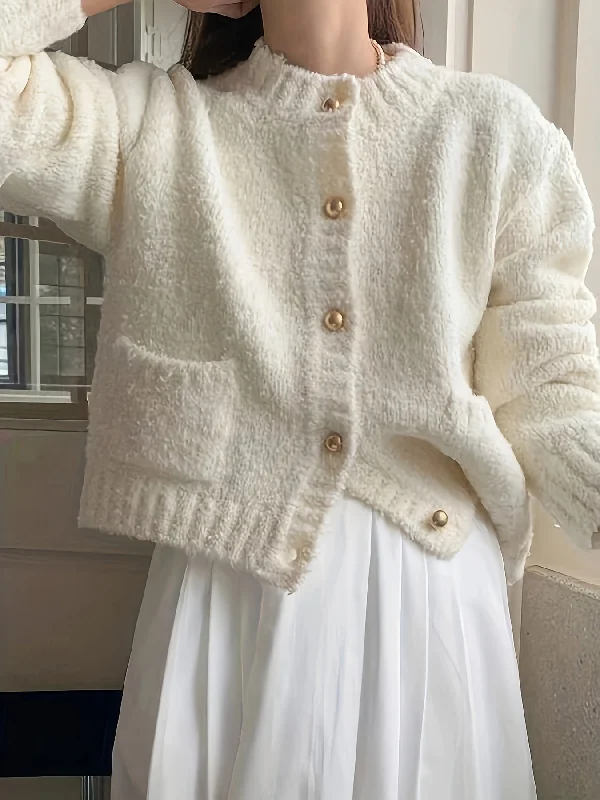 Unwind with Weekend Discounts Sixsr Solid Button Down Fuzzy Knit Cardigan, Casual Crew Neck Long Sleeve Thick Sweater, Women's Clothing Unwind with Weekend Discounts Sixsr Solid Button Down Fuzzy Knit Cardigan, Casual Crew Neck Long Sleeve Thick Sweater, Women's Clothing