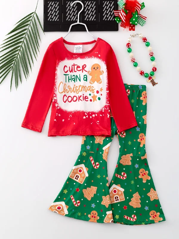 Can't Beat 1set Festive Christmas Gingerbread Girl Flared Pants Outfit, Long Sleeve Round Neck Top with "Cuter Than a Christmas Cookie" Print, Casual Knit Polyester Spandex Blend, Stretchy Holiday Set for Kids, for Outdoor