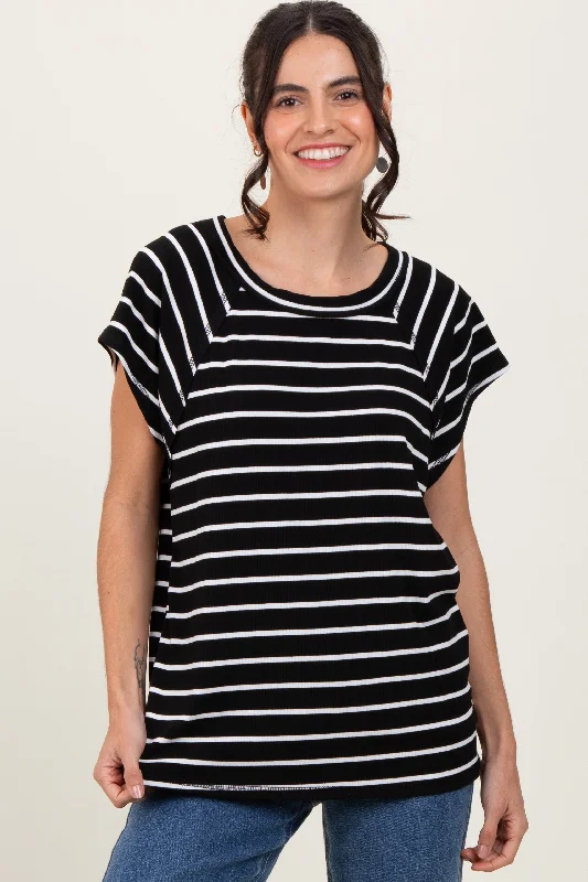 Weekend Savings Sensation Black Stripe Ribbed Short Sleeve Tunic Top