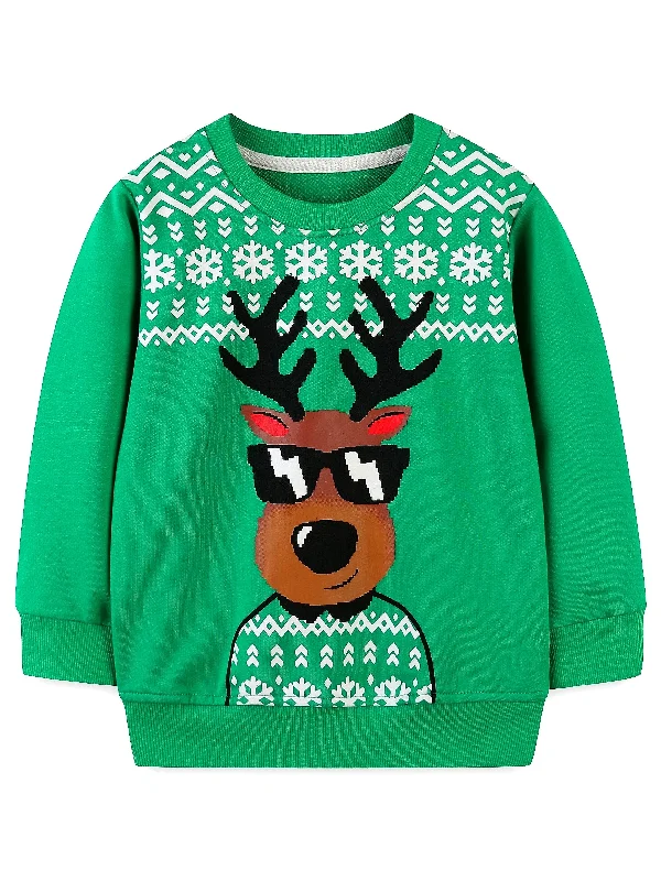 Weekend Deals to Make You Smile Christmas Deer Print Boys' Casual Long Sleeve Crew Neck Pullover Sweatshirt - Soft, Cozy, Creative Design for Kids' Outdoor Clothing