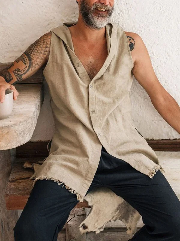 Don't Delay 2024 Spring Summer Sleeveless Casual Vest Shirt Men Fashion Hoodie Tank Top Vintage Solid Buttoned Vest Pullover Mens Streetwear