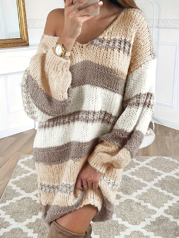 Limited Supply Sixsr Plus Size Casual Dress, Women's Plus Striped Long Sleeve V Neck High Stretch Oversized Sweater Dress Limited Supply Sixsr Plus Size Casual Dress, Women's Plus Striped Long Sleeve V Neck High Stretch Oversized Sweater Dress