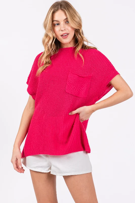 Stock Up Fuchsia Knit Pocket Front Top