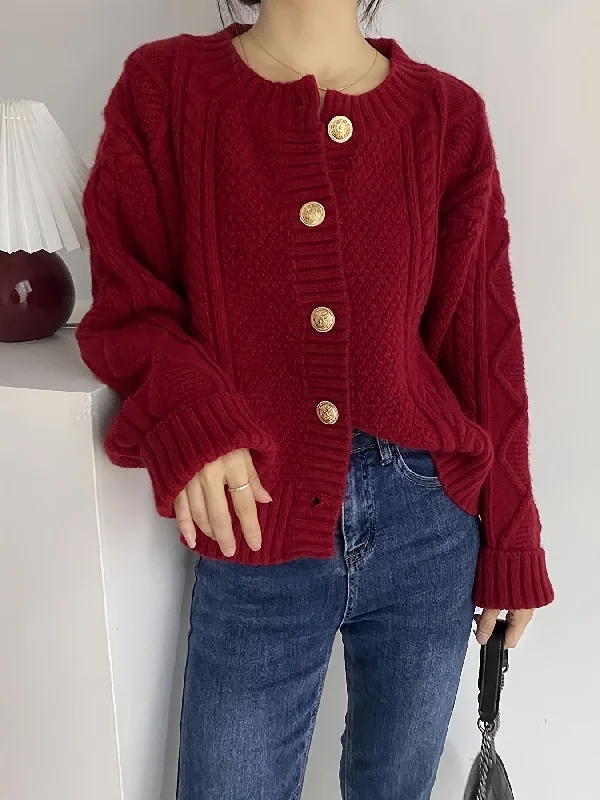 Bargain Alert Sixsr Solid Single Breasted Simple Cardigan, Versatile Cable Knit Long Sleeve Cardigan For Spring & Fall, Women's Clothing Bargain Alert Sixsr Solid Single Breasted Simple Cardigan, Versatile Cable Knit Long Sleeve Cardigan For Spring & Fall, Women's Clothing