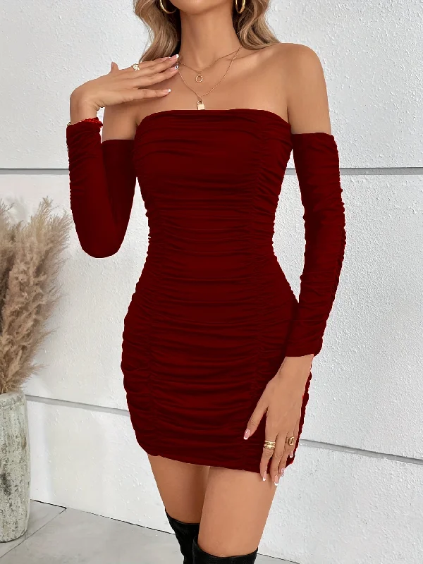 Special Discount Sixsr Solid Off Shoulder Long Sleeve Ruffled Dress, Sexy Elegant Bag Hip Mini Dress, Women's Clothing Special Discount Sixsr Solid Off Shoulder Long Sleeve Ruffled Dress, Sexy Elegant Bag Hip Mini Dress, Women's Clothing