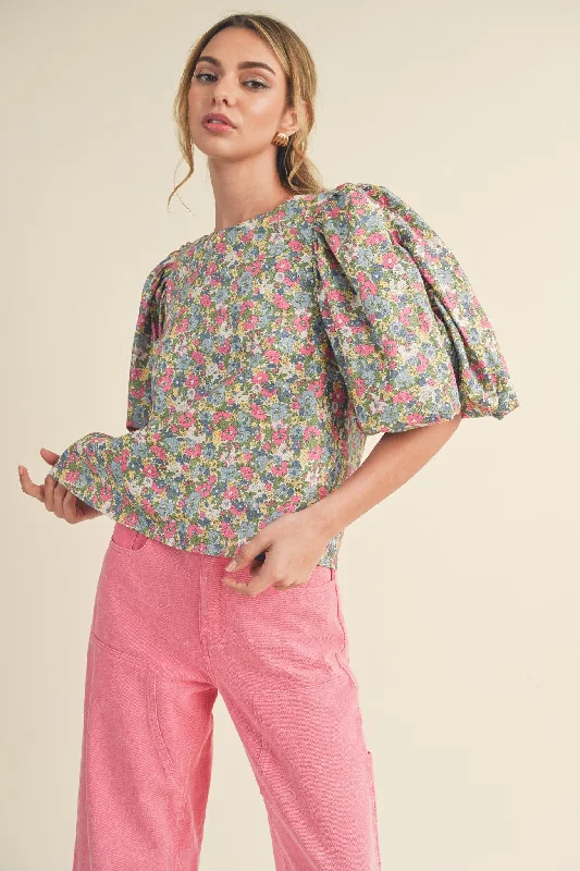 Weekend Savings Sensation Ivory Pink Multi Floral Drawstring Open Back Bubble Sleeve Top