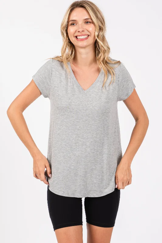 Weekend Offers That Delight Heather Grey Basic V-Neck Short Sleeve Top