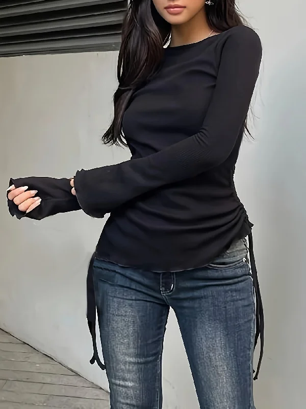 Quick Deals Sixsr Drawstring Crew Neck T-Shirt, Y2K Long Sleeve Lettuce Trim Top For Spring & Fall, Women's Clothing Quick Deals Sixsr Drawstring Crew Neck T-Shirt, Y2K Long Sleeve Lettuce Trim Top For Spring & Fall, Women's Clothing