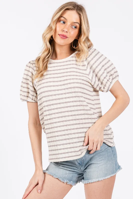Weekend Savings Extravaganza Grey Striped Textured Puff Sleeve Top