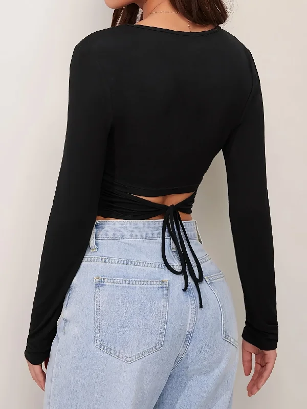 Weekend Savings Delight Sixsr Solid Crew Neck Crop T-Shirt, Casual Long Sleeve Tie Back T-Shirt For Spring & Fall, Women's Clothing Weekend Savings Delight Sixsr Solid Crew Neck Crop T-Shirt, Casual Long Sleeve Tie Back T-Shirt For Spring & Fall, Women's Clothing