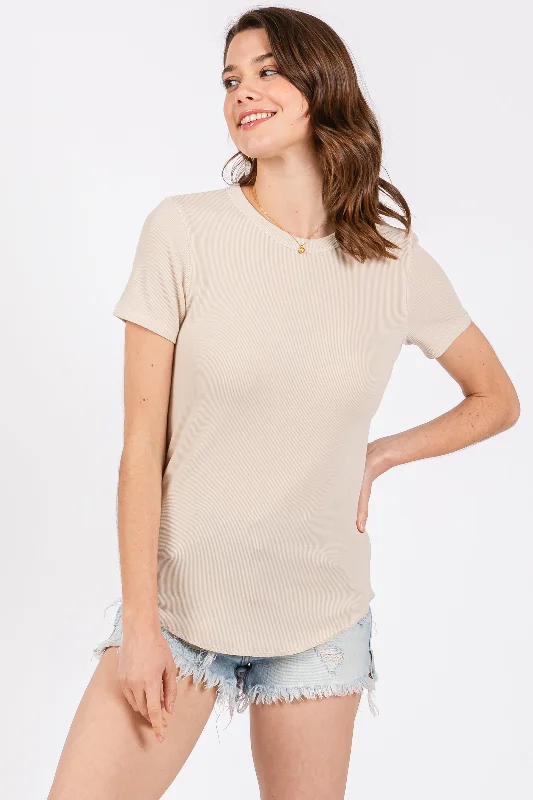 Weekend Specials to Grab Cream Ribbed Short Sleeve Curved Hem Top