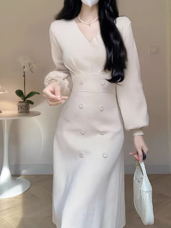 Don't Miss Out Sixsr Solid Double Breasted V-neck Dress, Elegant Long Sleeve Dress For Spring & Fall, Women's Clothing Don't Miss Out Sixsr Solid Double Breasted V-neck Dress, Elegant Long Sleeve Dress For Spring & Fall, Women's Clothing