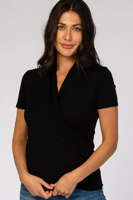 Weekend Discounts to Enjoy Black Short Sleeve Wrap Front Nursing Top
