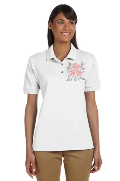 Shop the Weekend Away Women's polo shirt "Cross stitch roses" white
