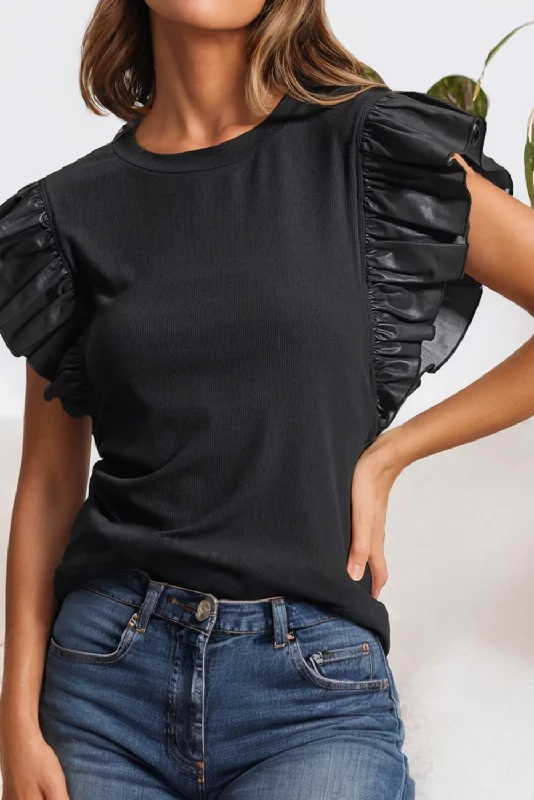 Take Advantage Leather Ruffle Shoulder Plain Blouse