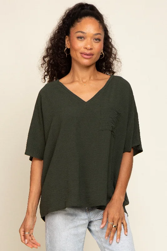 Unmissable Offer Olive Oversized V-Neck Pocket Front Blouse