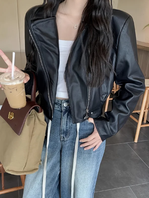 Reduced Price Sixsr Faux Leather Zip-up Jacket, Casual Long Sleeve Crop Biker Jacket For Fall & Winter, Women's Clothing Reduced Price Sixsr Faux Leather Zip-up Jacket, Casual Long Sleeve Crop Biker Jacket For Fall & Winter, Women's Clothing